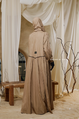 Hafiza Caramel Cotton Silk - Ikat Print Abaya Dress With Scarf - Beaded Accents