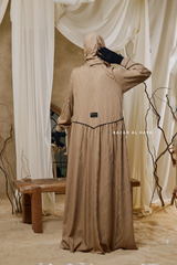 Hafiza Caramel Cotton Silk - Ikat Print Abaya Dress With Scarf - Beaded Accents