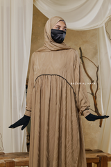 Hafiza Caramel Cotton Silk - Ikat Print Abaya Dress With Scarf - Beaded Accents