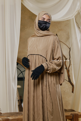 Hafiza Caramel Cotton Silk - Ikat Print Abaya Dress With Scarf - Beaded Accents