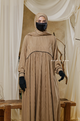 Hafiza Caramel Cotton Silk - Ikat Print Abaya Dress With Scarf - Beaded Accents