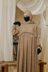 Hafiza Caramel Cotton Silk - Ikat Print Abaya Dress With Scarf - Beaded Accents