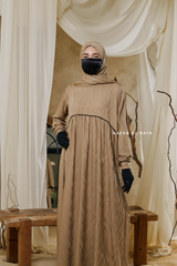 Hafiza Caramel Cotton Silk - Ikat Print Abaya Dress With Scarf - Beaded Accents