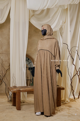 Hafiza Caramel Cotton Silk - Ikat Print Abaya Dress With Scarf - Beaded Accents