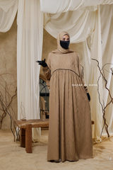 Hafiza Caramel Cotton Silk - Ikat Print Abaya Dress With Scarf - Beaded Accents