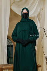 Hafiza Emerald Cotton Silk - Ikat Print Abaya Dress With Scarf - Beaded Accents