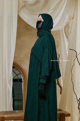 Hafiza Emerald Cotton Silk - Ikat Print Abaya Dress With Scarf - Beaded Accents
