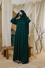 Hafiza Emerald Cotton Silk - Ikat Print Abaya Dress With Scarf - Beaded Accents