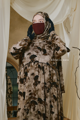Hafiza Brown Coffee Floral Cupra Abaya Dress With Scarf - Beaded Accents