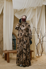 Hafiza Brown Coffee Floral Cupra Abaya Dress With Scarf - Beaded Accents