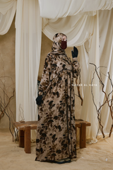 Hafiza Brown Coffee Floral Cupra Abaya Dress With Scarf - Beaded Accents
