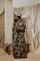Hafiza Brown Coffee Floral Cupra Abaya Dress With Scarf - Beaded Accents