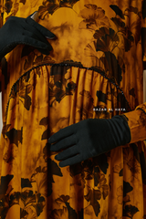 Hafiza Yellow Gold Floral Cupra Abaya Dress With Scarf - Beaded Accents