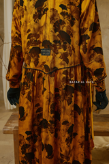 Hafiza Yellow Gold Floral Cupra Abaya Dress With Scarf - Beaded Accents