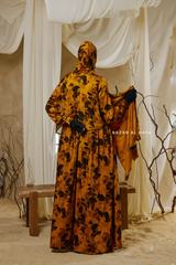 Hafiza Yellow Gold Floral Cupra Abaya Dress With Scarf - Beaded Accents