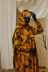 Hafiza Yellow Gold Floral Cupra Abaya Dress With Scarf - Beaded Accents