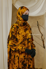 Hafiza Yellow Gold Floral Cupra Abaya Dress With Scarf - Beaded Accents