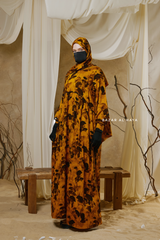 Hafiza Yellow Gold Floral Cupra Abaya Dress With Scarf - Beaded Accents