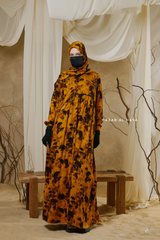 Hafiza Yellow Gold Floral Cupra Abaya Dress With Scarf - Beaded Accents
