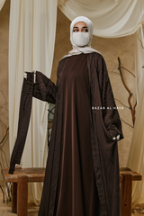 Chocolate Zaynab Beaded Ikat Cotton Silk Open Abaya With Slip Dress Set - 3 Piece