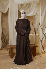 Chocolate Zaynab Beaded Ikat Cotton Silk Open Abaya With Slip Dress Set - 3 Piece