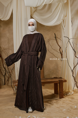 Chocolate Zaynab Beaded Ikat Cotton Silk Open Abaya With Slip Dress Set - 3 Piece
