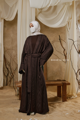 Chocolate Zaynab Beaded Ikat Cotton Silk Open Abaya With Slip Dress Set - 3 Piece