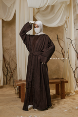 Chocolate Zaynab Beaded Ikat Cotton Silk Open Abaya With Slip Dress Set - 3 Piece