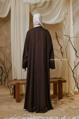 Chocolate Zaynab Beaded Ikat Cotton Silk Open Abaya With Slip Dress Set - 3 Piece