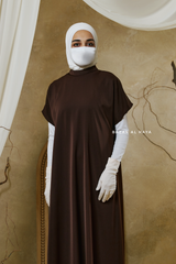 Chocolate Zaynab Beaded Ikat Cotton Silk Open Abaya With Slip Dress Set - 3 Piece