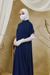 Navy Zaynab Beaded Ikat Cotton Silk Open Abaya With Slip Dress Set - 3 Piece