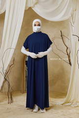 Navy Zaynab Beaded Ikat Cotton Silk Open Abaya With Slip Dress Set - 3 Piece