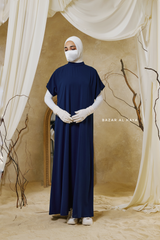 Navy Zaynab Beaded Ikat Cotton Silk Open Abaya With Slip Dress Set - 3 Piece