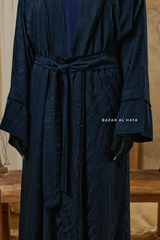 Navy Zaynab Beaded Ikat Cotton Silk Open Abaya With Slip Dress Set - 3 Piece
