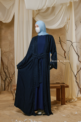 Navy Zaynab Beaded Ikat Cotton Silk Open Abaya With Slip Dress Set - 3 Piece