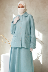 Baby Blue Rumaysa Two Piece Snap Button Jacket Skirt Suit - Tweed Fabric