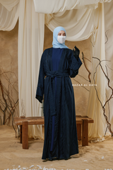 Navy Zaynab Beaded Ikat Cotton Silk Open Abaya With Slip Dress Set - 3 Piece