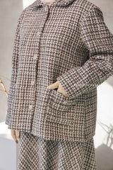 Black White Rumaysa Two Piece Snap Button Jacket Skirt Suit - Tweed Fabric