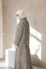 Black White Rumaysa Two Piece Snap Button Jacket Skirt Suit - Tweed Fabric