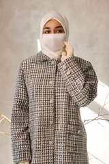 Black White Rumaysa Two Piece Snap Button Jacket Skirt Suit - Tweed Fabric