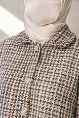 Black White Rumaysa Two Piece Snap Button Jacket Skirt Suit - Tweed Fabric