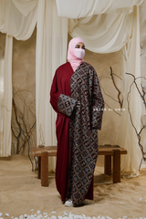 Burgundy Amina Loose Fit Khaleeji Embroidered Two-Tone Abaya