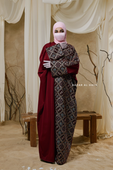 Burgundy Amina Loose Fit Khaleeji Embroidered Two-Tone Abaya