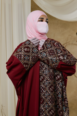 Burgundy Amina Loose Fit Khaleeji Embroidered Two-Tone Abaya