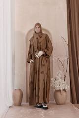 Camel Mahfuza Oversized Abaya Dress With Hijab Two Piece Set - Silk Cotton