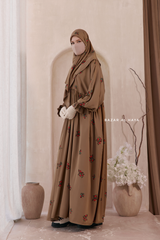 Camel Mahfuza Oversized Abaya Dress With Hijab Two Piece Set - Silk Cotton