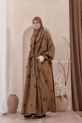 Camel Mahfuza Oversized Abaya Dress With Hijab Two Piece Set - Silk Cotton