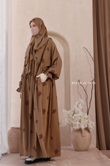 Camel Mahfuza Oversized Abaya Dress With Hijab Two Piece Set - Silk Cotton