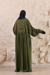 Olive Maryam Floral Abaya Dress & Pants Set In Premium Silk Cotton - Oversized