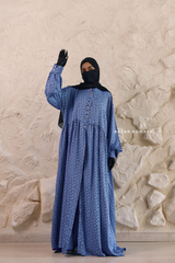 Blue Maryam Floral Abaya Dress & Pants Set In Premium Silk Cotton - Oversized
